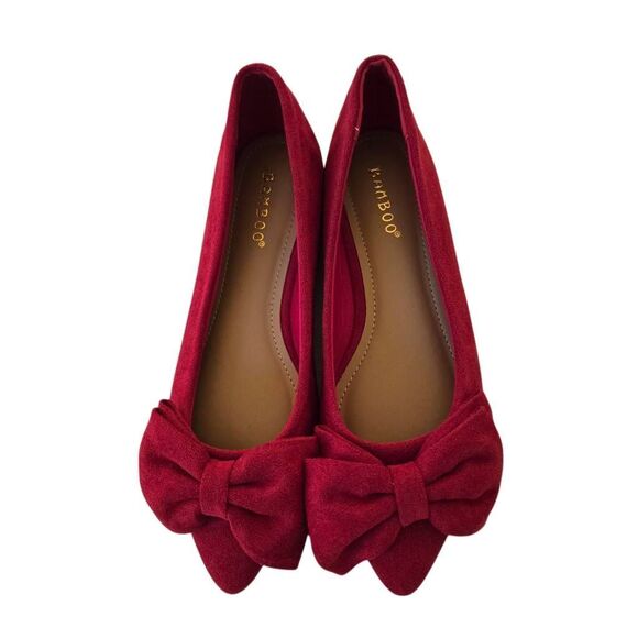 Bamboo Womens Poet Red Velvet Toe Bow Ballet Flats 6.5 - Picture 1 of 11